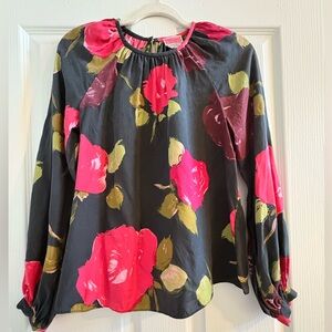 Kate Spade Just Rosy Keyhole Top Black and Pink Floral Blouse Sz S